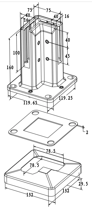 90degree glass to glass corner glass spigot Dimension Drawing