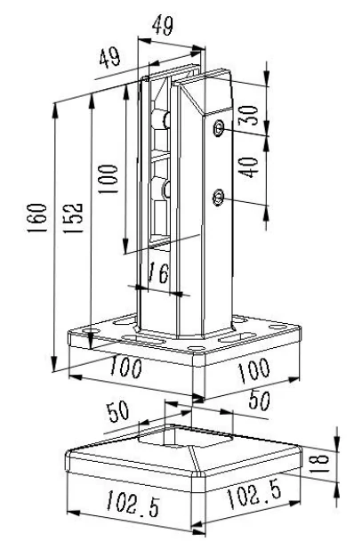 Adjustable Hollow Style Square Base Mount Glass Spigot Dimension Drawing
