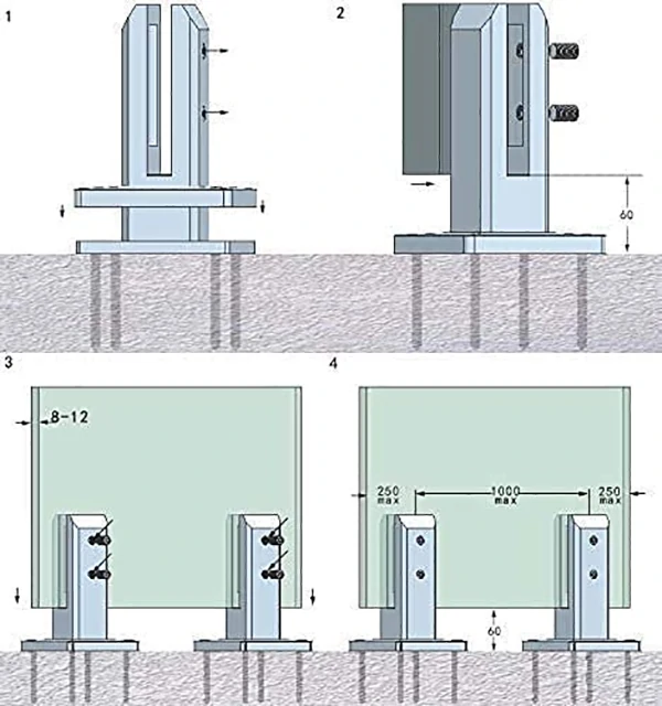 Adjustable Hollow Style Square Base Mount Glass Spigot Specifications