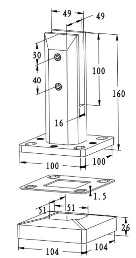 Adjustable Square Base Mount Glass Spigot (Level Adjustable) Dimension Drawing