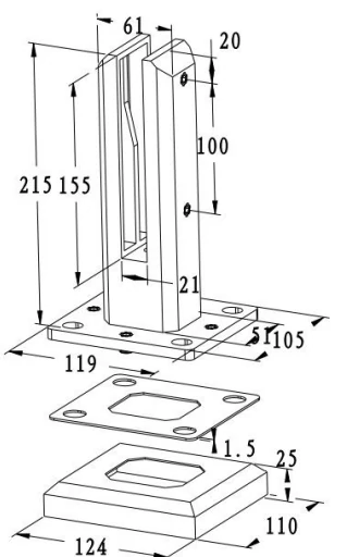 Adjustable Square Base Mount Glass Spigot Dimension Drawing