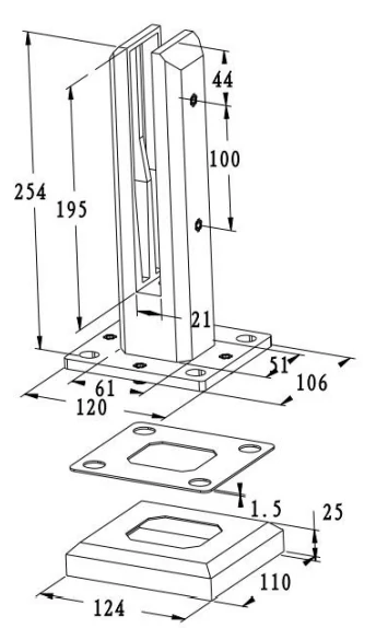 Adjustable Square Base Mount Glass Spigot Dimension Drawing