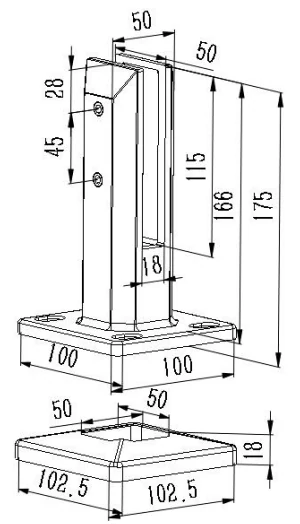 Adjustable Square Base Mount Glass Spigot（glass tilt adjustable) Dimension Drawing