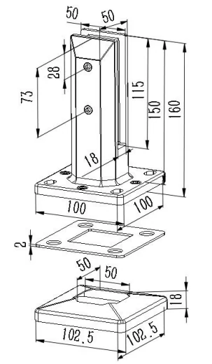Adjustable Square Base Mount Glass Spigot(Level And Glass Tilt Adjustable) Dimension Drawing