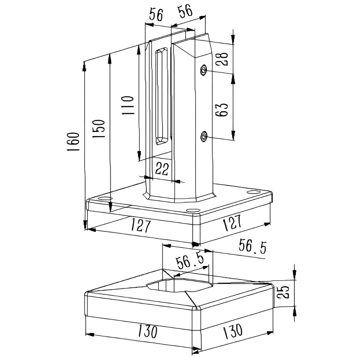 Bigger Square Base Mount Glass Spigot