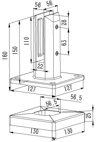 Bigger Square Base Mount Glass Spigot Dimension Drawing