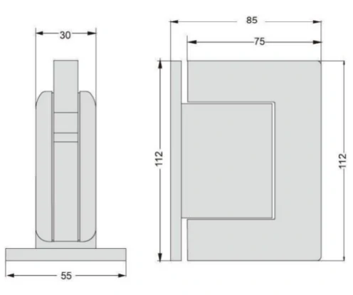 Heavy Duty 90 Degree Glass to Wall Hydraulic Hinge Dimension Drawing