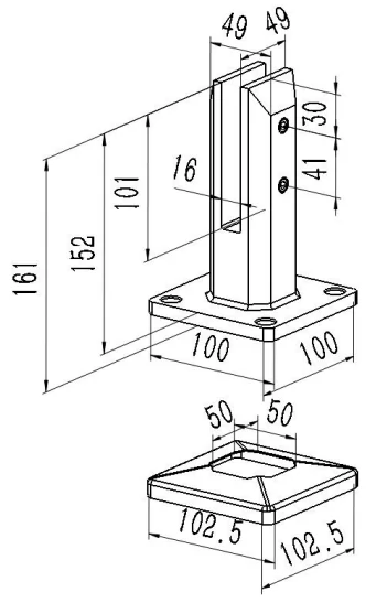 Heavy Square Base Mount Glass Spigot Dimension Drawing