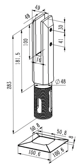 Heavy Square Core Drill Glass Spigot Dimension Drawing