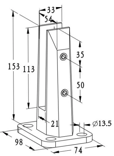 Oval Base Mount Glass Spigot(Square Plate) Dimension Drawing