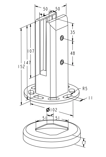 Hollow Square Glass Spigot With Base Mount Dimension Drawing
