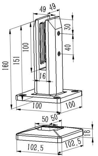 Hollow Style Square Base Mount Glass Spigot Dimension Drawing