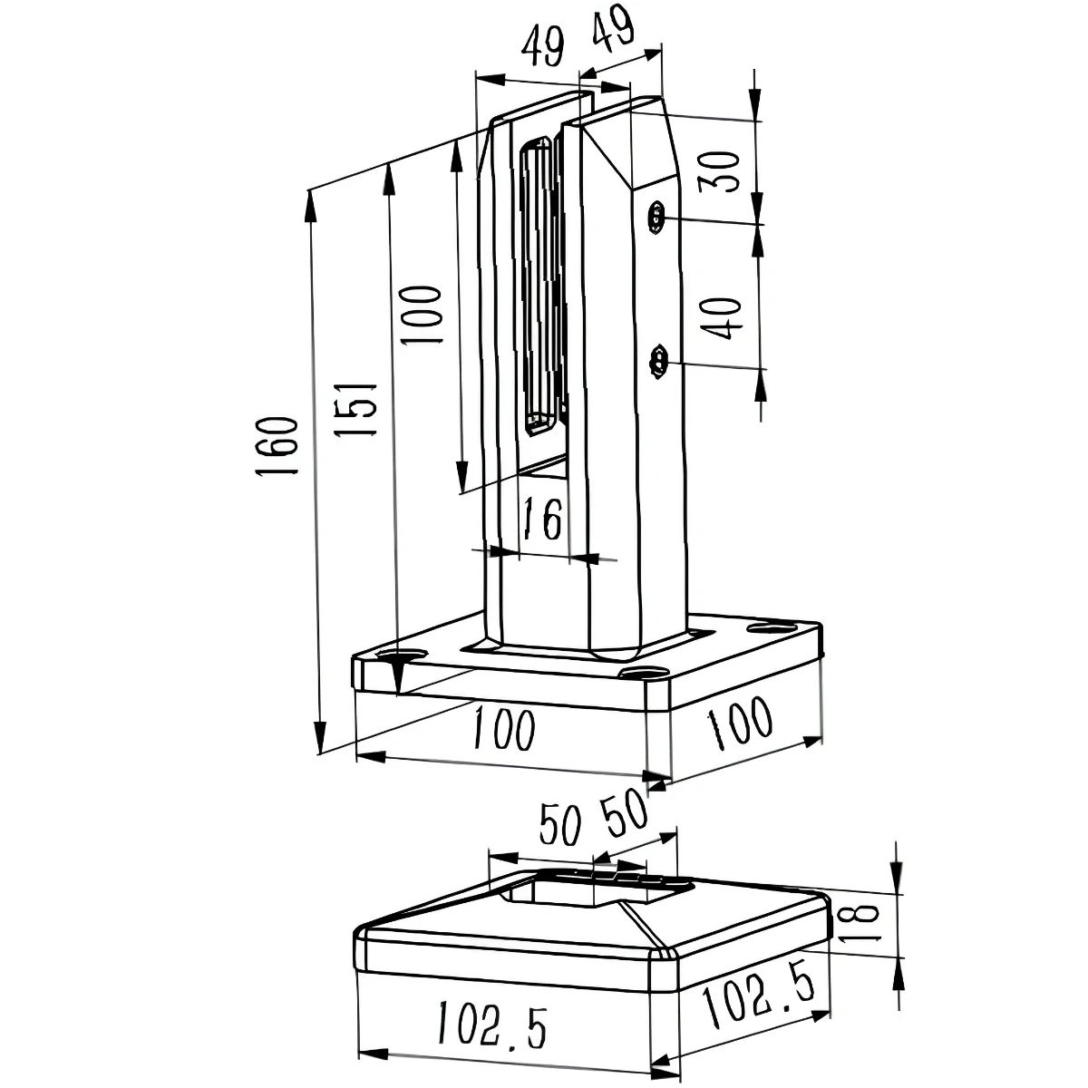Hollow Style Square Base Mount Glass Spigot