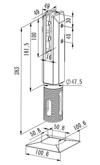 Hollow Square Core Drill Glass Spigot Dimension Drawing