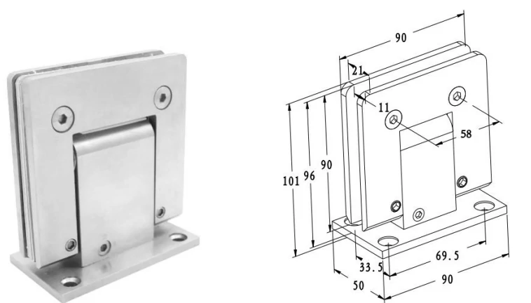 Lighter Style 90 Degree Glass to Wall Hydraulic Hinge Dimension Drawing