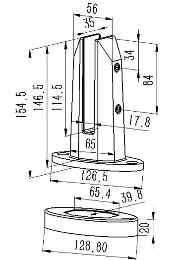Oval Base Mount Glass Spigot(Oval Plate) Dimension Drawing