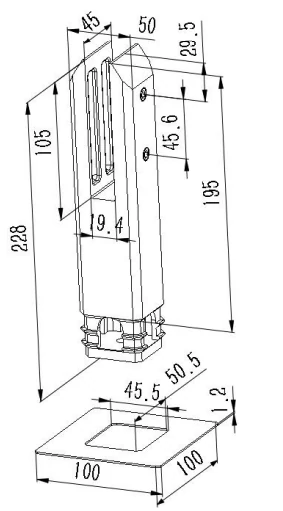 Shorter Square Core Drill Glass Spigot Dimension Drawing