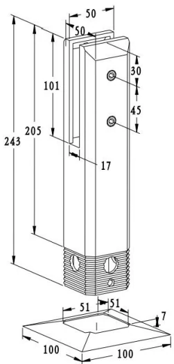 Shorter Square Core Drill Glass Spigot Dimension Drawing