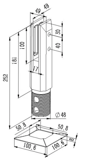 Shorter Square Core Drill Glass Spigot Dimension Drawing