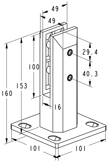 Hollow Square Base Mount Glass Spigot Dimension Drawing