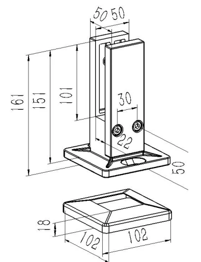 2PCS Square Base Mount Glass Spigot Dimension Drawing