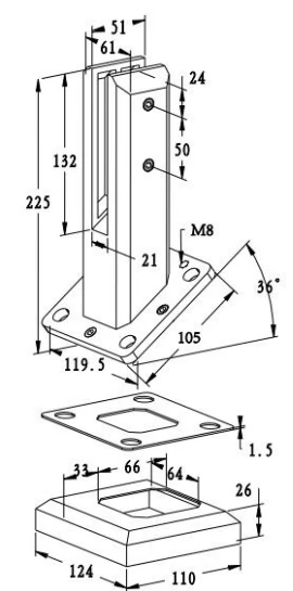 Adjustable angle Glass Spigot Dimension Drawing