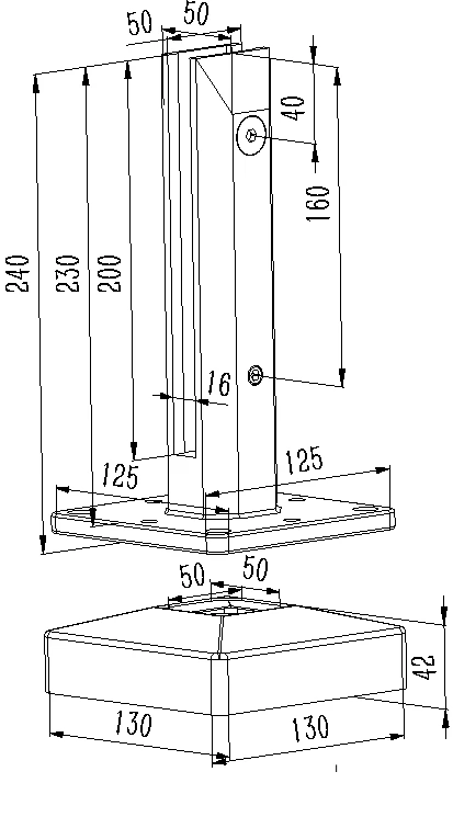 Square Base Mount Glass Spigot Dimension Drawing