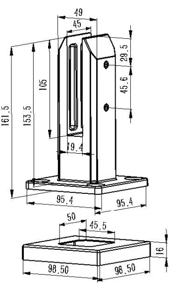 Square Base Mount Glass Spigot Dimension Drawing