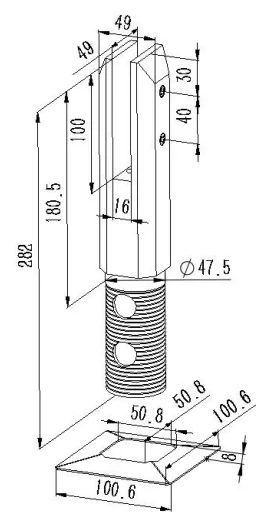 Square Core Drill Glass Spigot Dimension Drawing