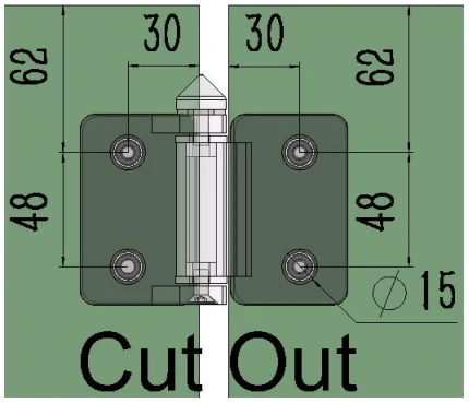 Stainless Steel Hinge (Casting) Glass to Glass Dimension Drawing
