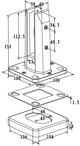 Tilt glass & level adjustable oval base plated glass spigot Dimension Drawing